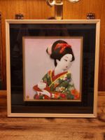 Japan Oshie Stoffbild Kimono signiert gerahmt