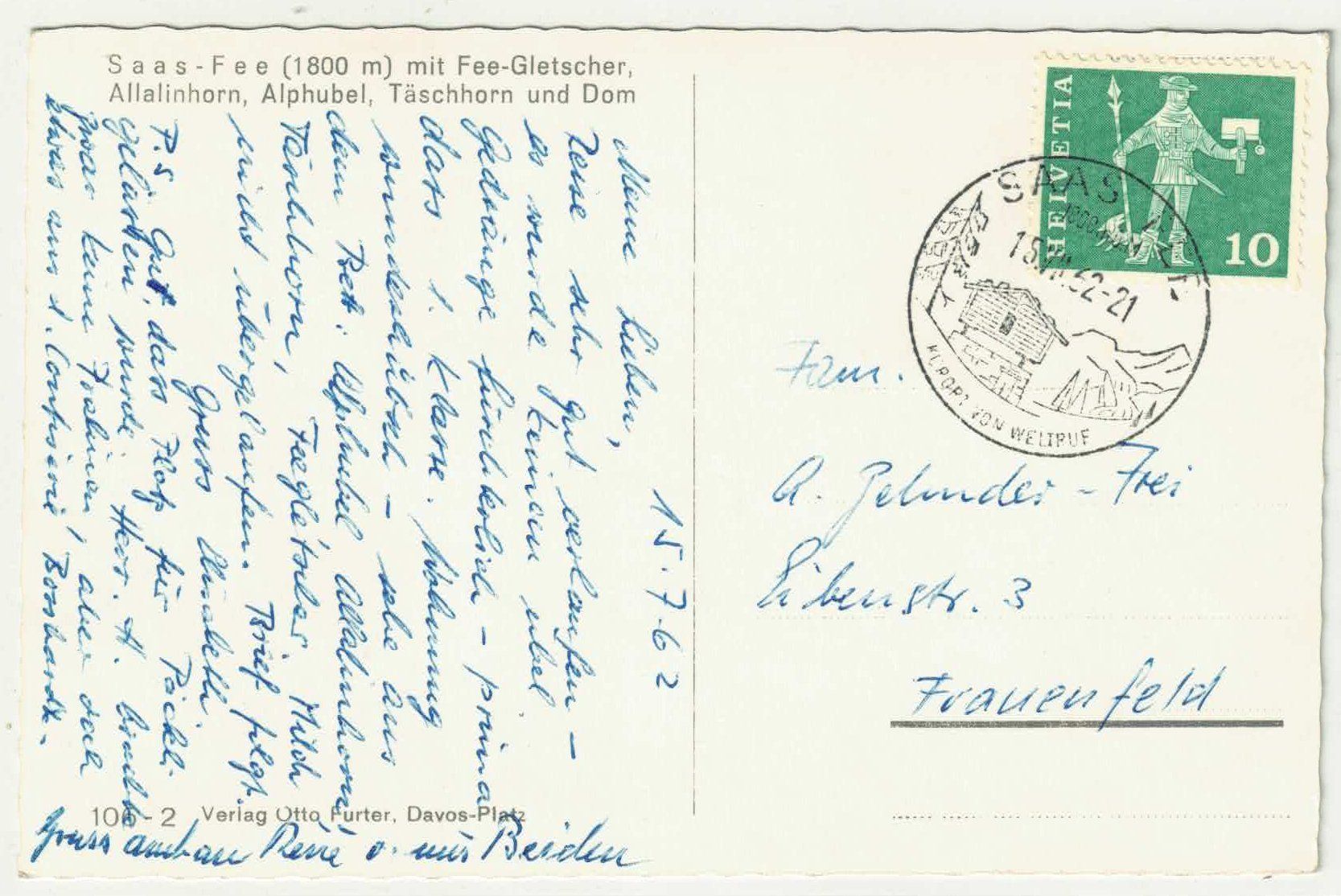 Cartoline postali: Saas-Fee mit Fee-Gletscher – Usato da Ettingen venduto da Kartenplanet 1