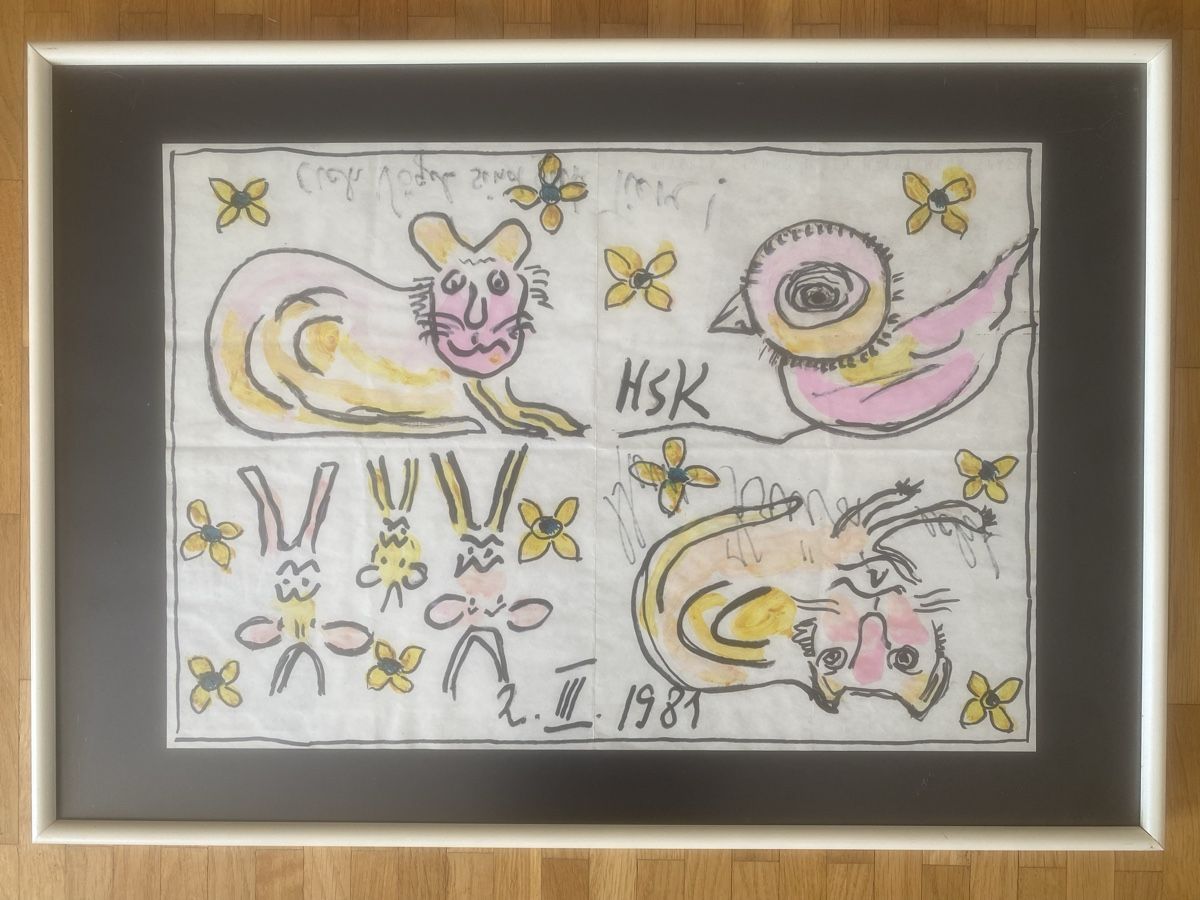 Tableaux: HANS KRÜSI CH 1981 KÜHE,KATZE,VOGEL UND HUND SERVIETTE – D'occasion à St. Gallen par Goldband 6