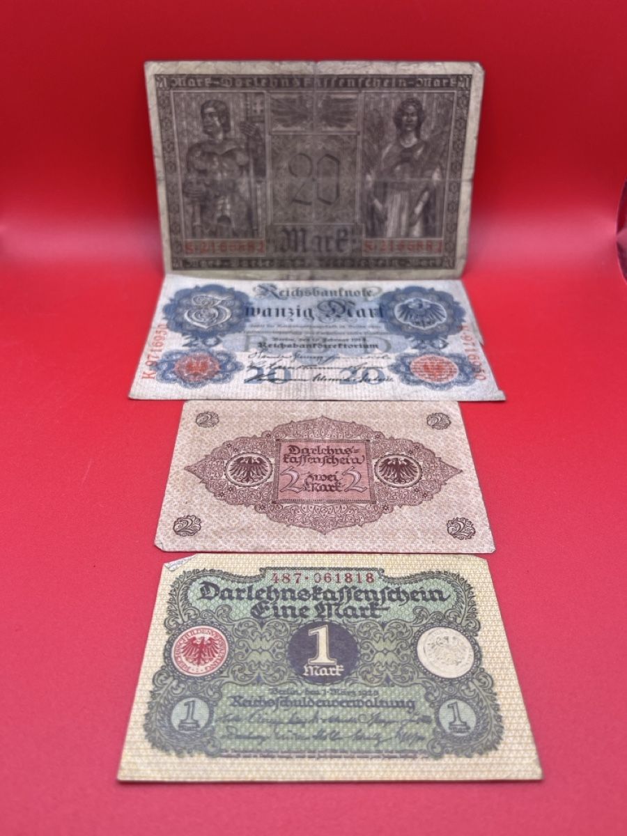 Banconote: 20, 2 und 1 Mark Darlehensschein 1918, 20 Mark 1914 – Usato da Root venduto da 156500 1