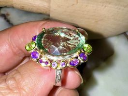 27 CT Green &  Purple Amethysts & Peridot Halo Ring Size 58