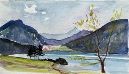 M. Debrunner, 1957 - Aquarell, See- und Berglandschaft