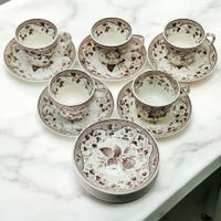 Ancien service à café transfert fleuri, 5 tasses 6 assiettes