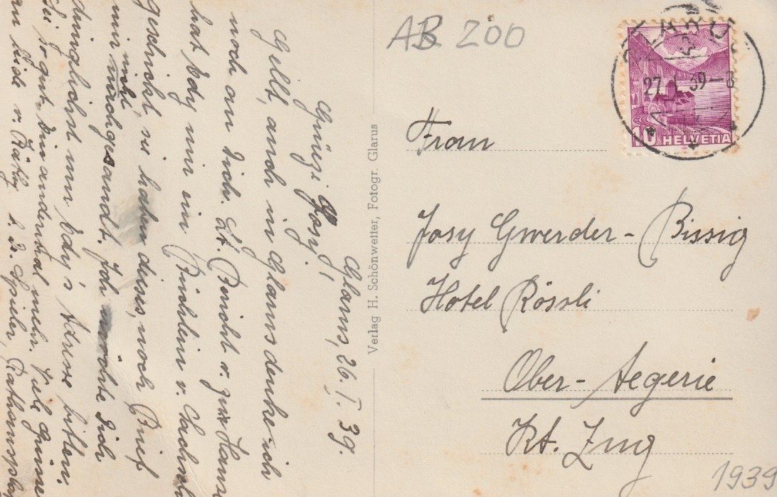 Cartoline postali: AB 200 Glarus, Bahnhof und Volksgarten 1939 – Usato da Freienbach venduto da Bhaltis 1