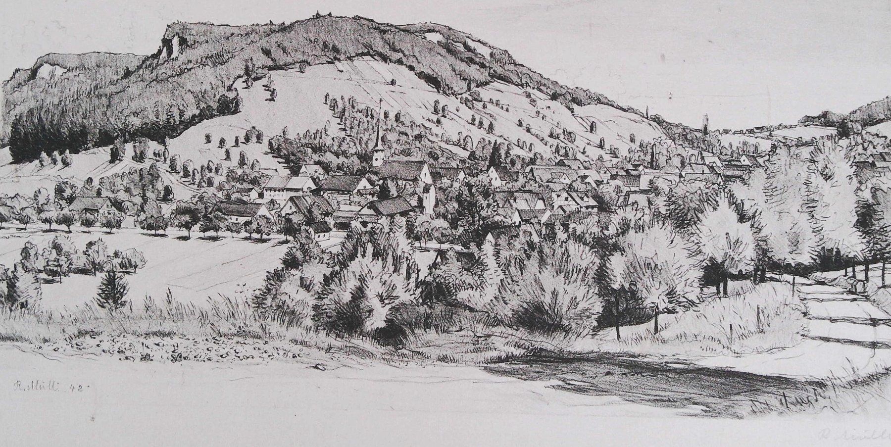 Incisioni: Weiach Lithographie von Rudolf Mülli 1942 – Usato da Rafz venduto da Helvet32