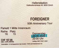 1 Ticket zum Foreigner-Konzert am 25.6.26 in Zürich