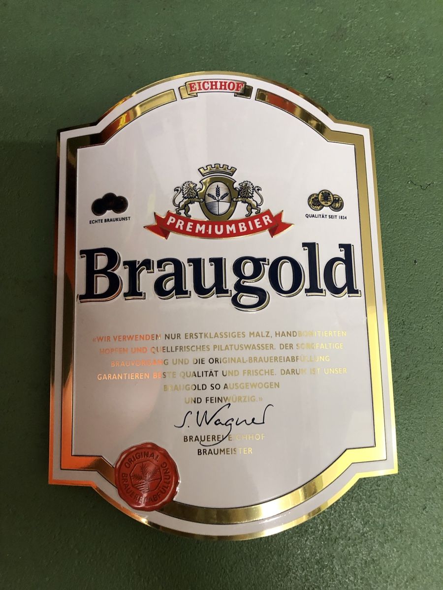Eichhof Insegne: Eichhof Blechschild Braugold – Usato da Meierskappel venduto da Cc19