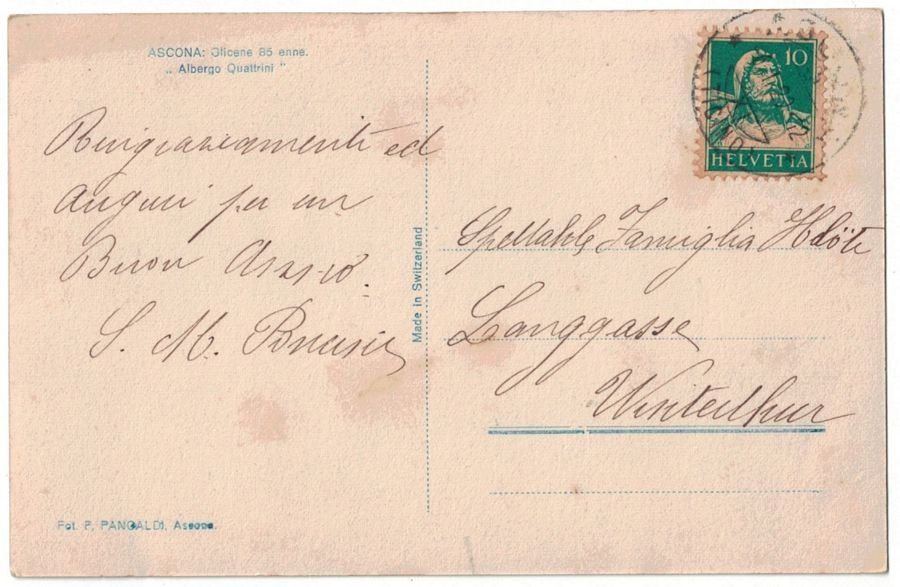 Cartoline postali: Ascona, Albergo Quattrini, circolata 1929 – Usato da Frauenfeld venduto da POML 1