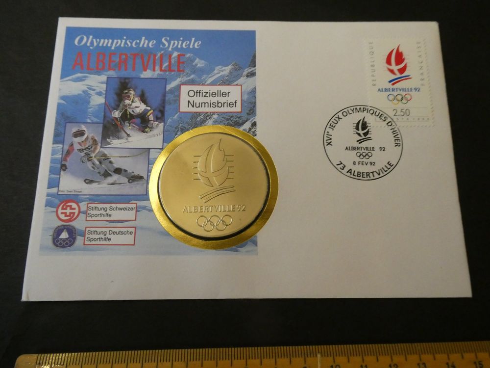 Enveloppe 1er Jour J.O. Albertville 1992 – Timbrée + Médaille – Excellent état