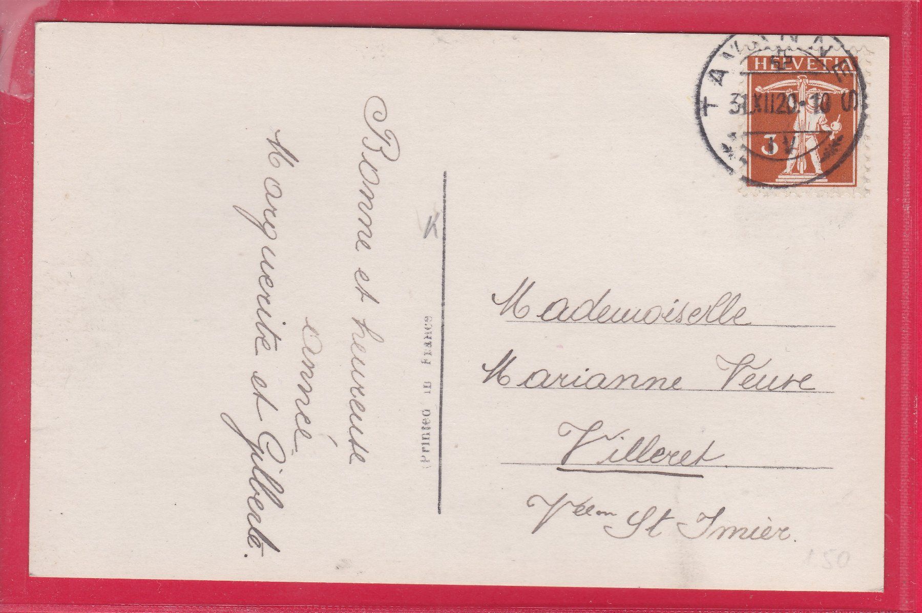 Ansichtskarten: BONNE ANNÉE, 31.12.1920 – Gebraucht aus Oberrieden von Gebirgsstelze 1