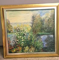 Gemälde Landschaft mit Blumen und Fluss gerahmt Zustand gut