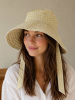 Damen Sonnenhut Blumenmuster Gelb mit Bindeband