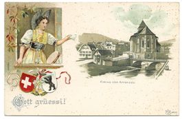 Gott grüessi ! Trachtenfrau - Kirche - Appenzell Präge-Litho