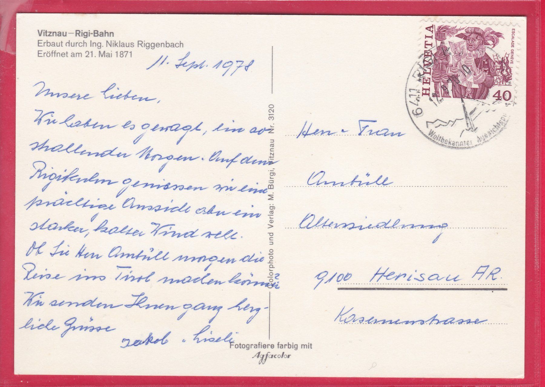 Cartoline postali: VITZNAU - RIGI-BAHN, 12.9.1978 – Usato da Oberrieden venduto da Gebirgsstelze 1