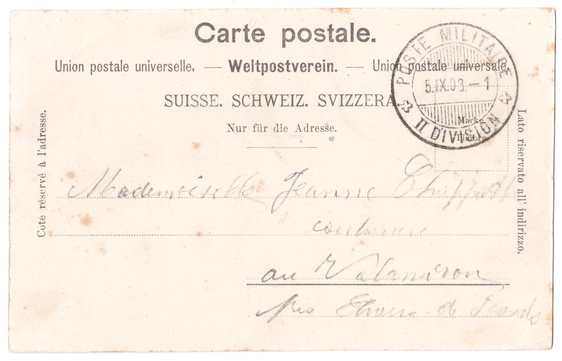 Cartoline postali: Rare: Poste Militaire II. Divison, cachet grande 1903 – Usato da Basel venduto da riobar