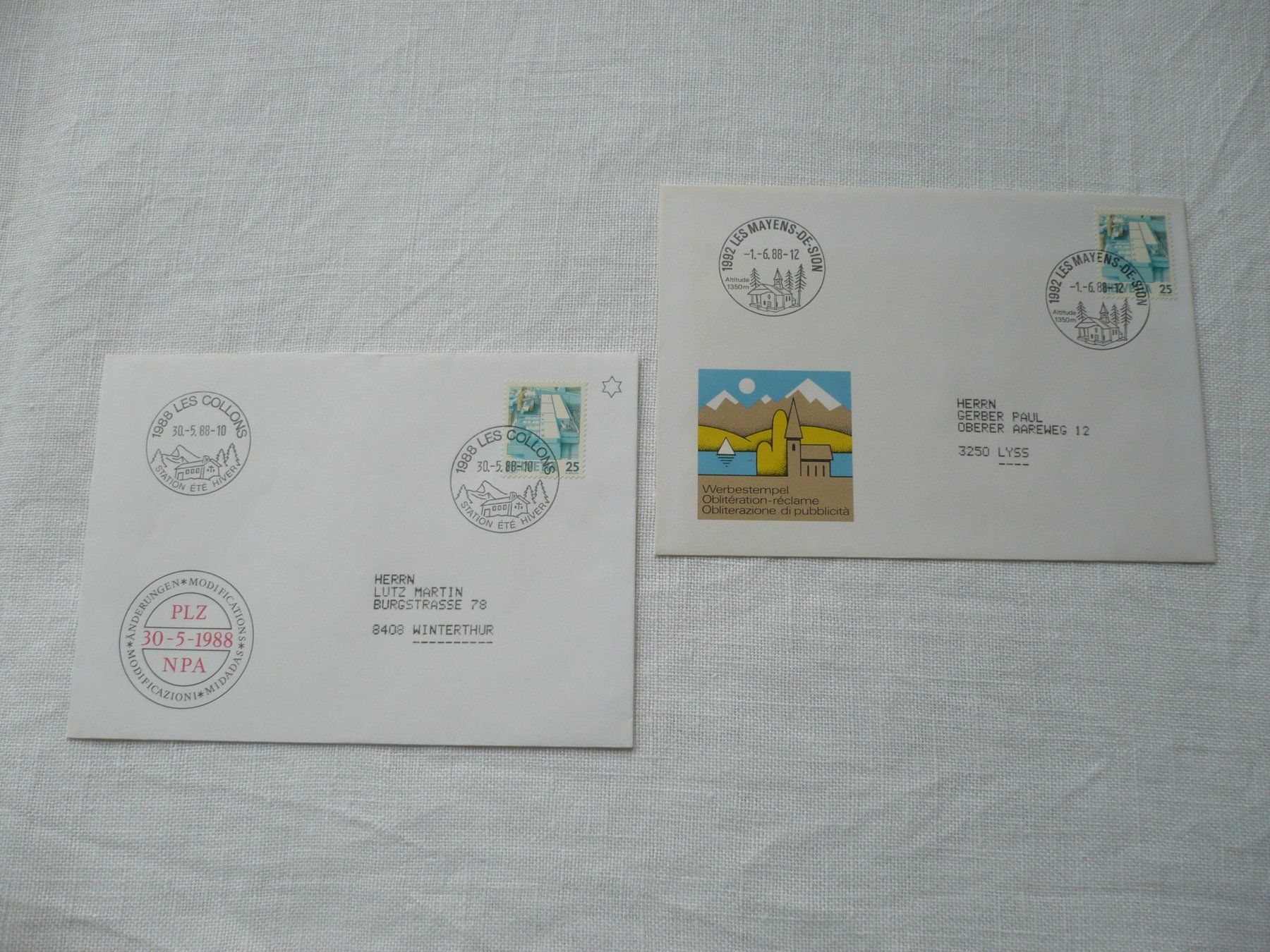 Tutti i francobolli: Werbedatumstempel - ET 1988 Les Collons / 1992 Les Mayens – Usato da Zürich venduto da saltandpepper008