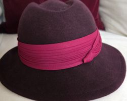 Elegant Winter Hat - Burgundy Wool with Pink Ribbon