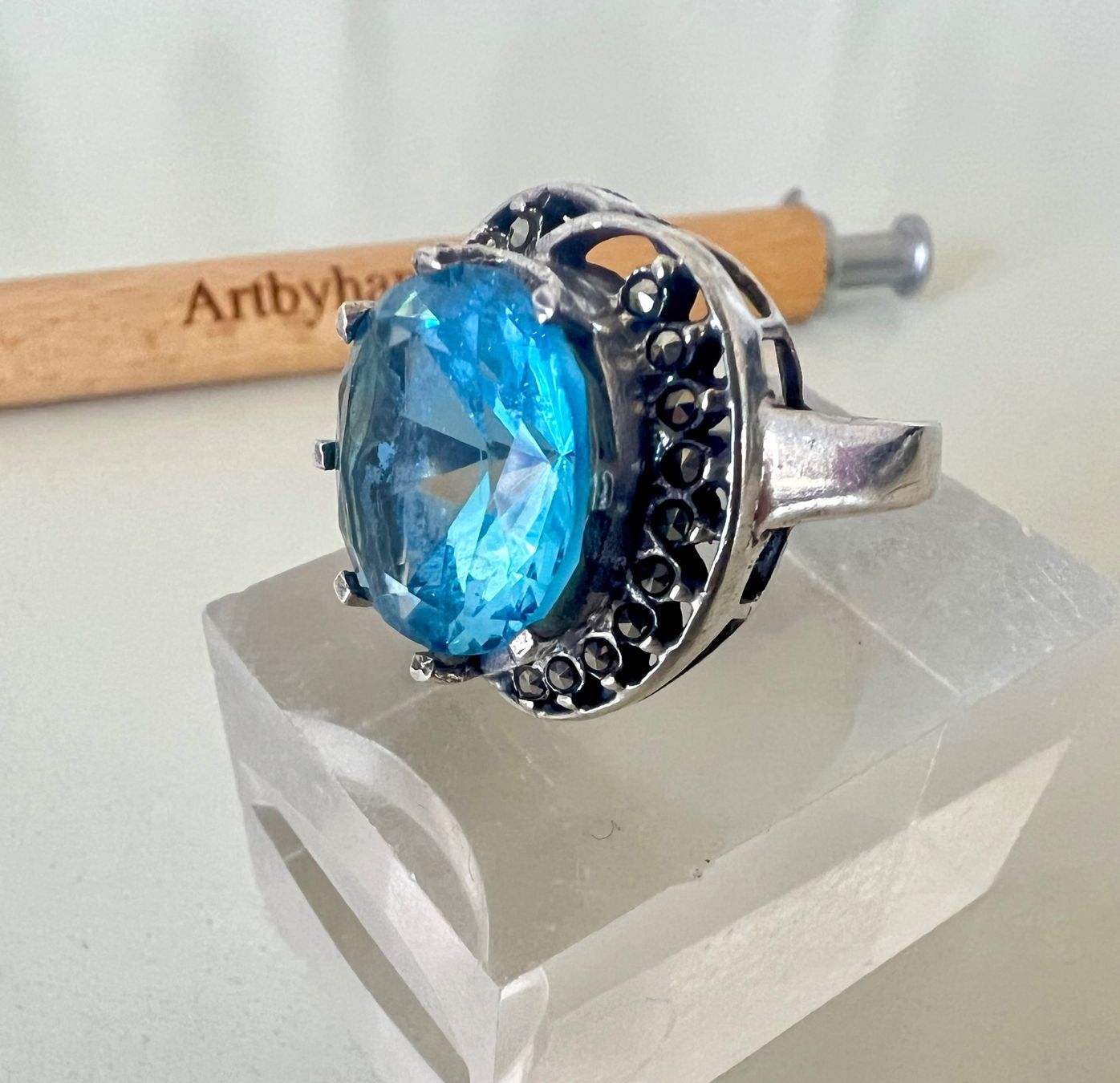 Ringe: Art Déco Ring Silber MPze – blauer Statementstein Markasiten – Gebraucht aus Ruswil von artbyhand 3
