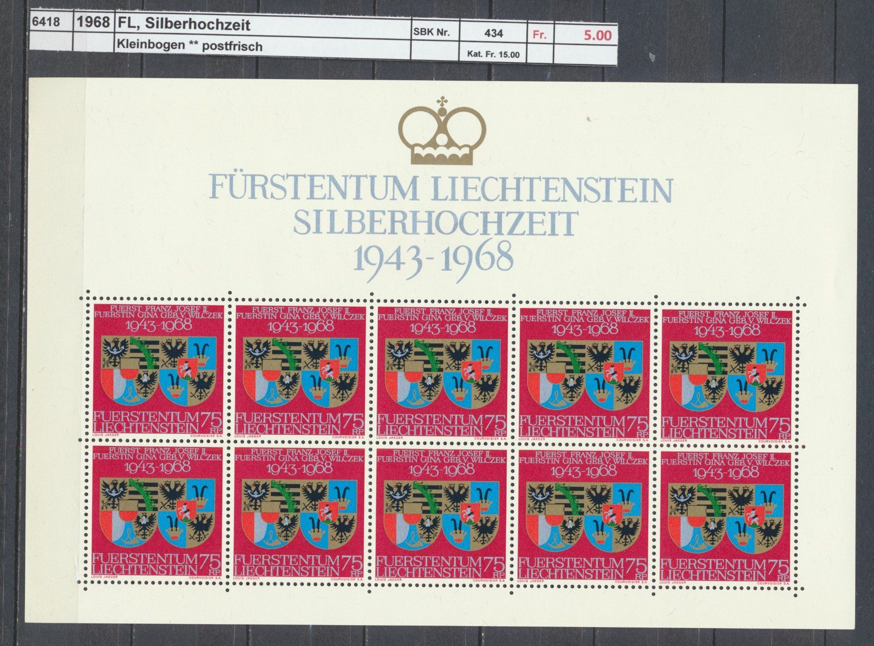 Tutti i francobolli: 1968 FL, "Silberhochzeit" - Kleinbogen ** postfrisch – Nuovo (secondo la descrizione) da Winterthur venduto da Zupogeru