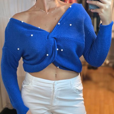 Royalblauer Crop Pullover M/L mit Perlen – Elegant