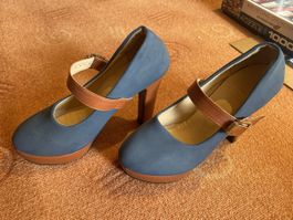 Blaue Retro-Pumps mit Blockabsatz, Grösse 38