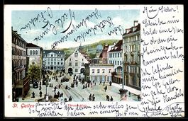 AK St. Gallen, Theaterplatz mit Rathaus und Brunnen