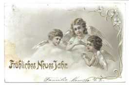 Fröhliches Neues Jahr - Engel  Jugendstil - Präge-Litho 1902