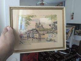 Vintage Paris Watercolor Painting Signed, Framed