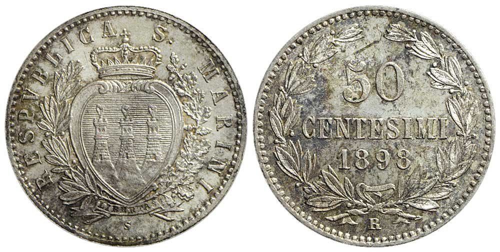 Tutti le monete: San Marino, 50 Cent. 1898 Rom – Usato da Chiasso venduto da Novamarketing
