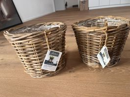 2 Rattan Pflanztöpfe geflochten mit Etikette