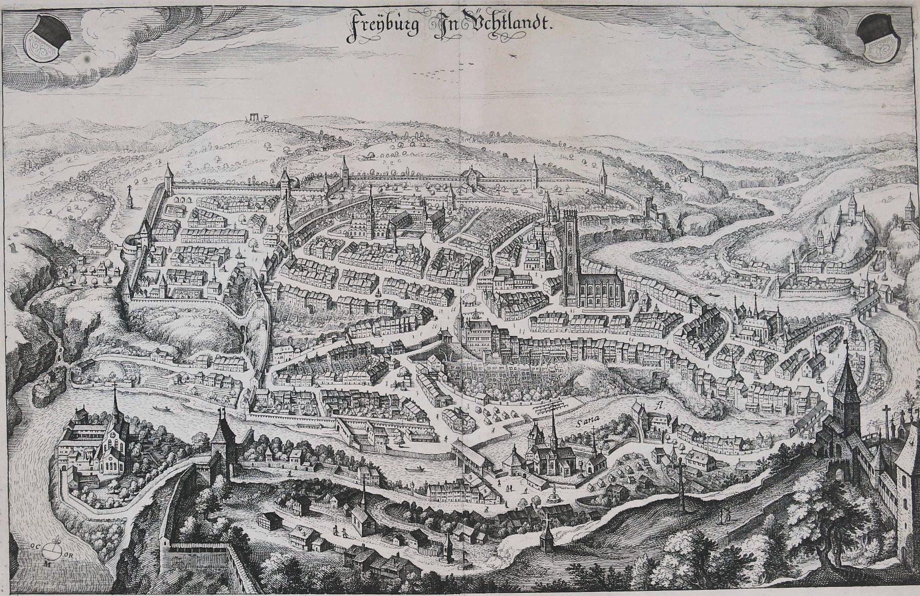 Stiche: Fribourg Kupferstich von Merian – Gebraucht aus Rafz von Helvet32