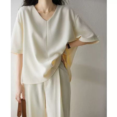 Damen 2-teiliges Set – V-Neck Top & Hose – Cremeweiss – Grös