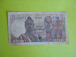 Banknote 5 Francs 1953, Afrika, gebraucht Sammlerstück