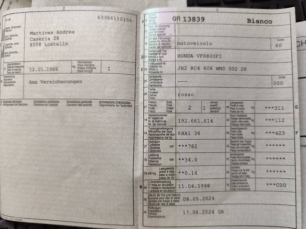 Route: Honda VFR800 – D'occasion à Lostallo par ero_ly5t