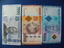 Tansania Noten Set 1000 & 2000 & 1000 Schillinge, Unc