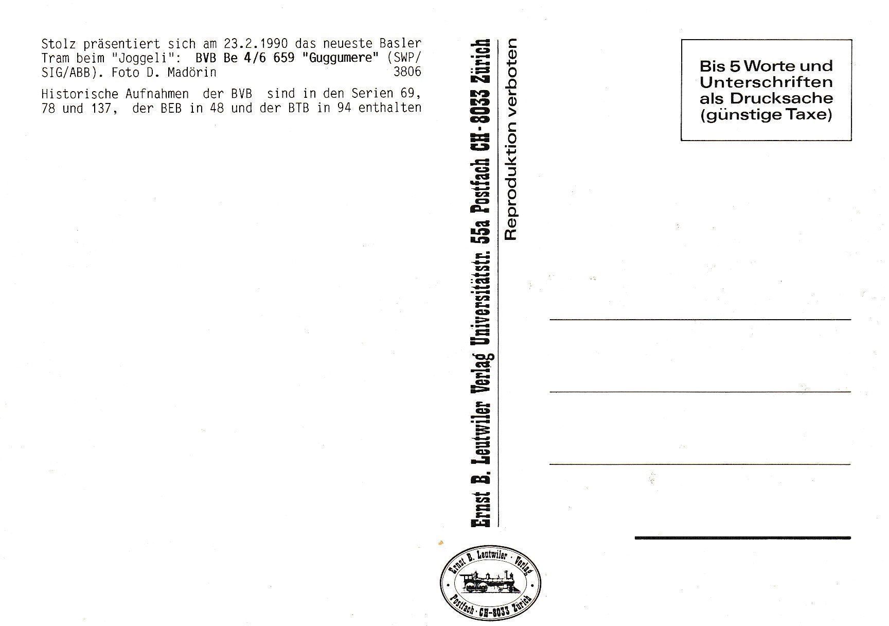 Cartoline postali: Strassenbahn Basel BVB Be 4/6 659 – Nuovo e nell'imballaggio originale da Ettingen venduto da Pantograph163 1