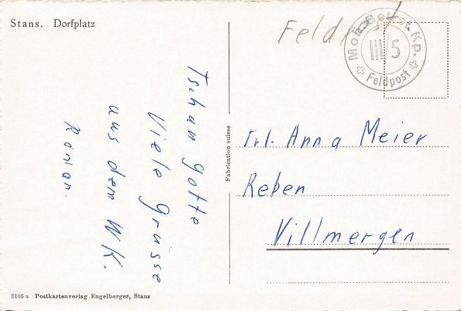 Ansichtskarten: Stans, Dorfplatz, Feldpost MOB. BEFRST. KP. III/5 – Gebraucht aus Frauenfeld von POML 1
