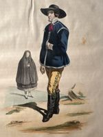Antike Lithographie, Trachten 1849 original koloriert