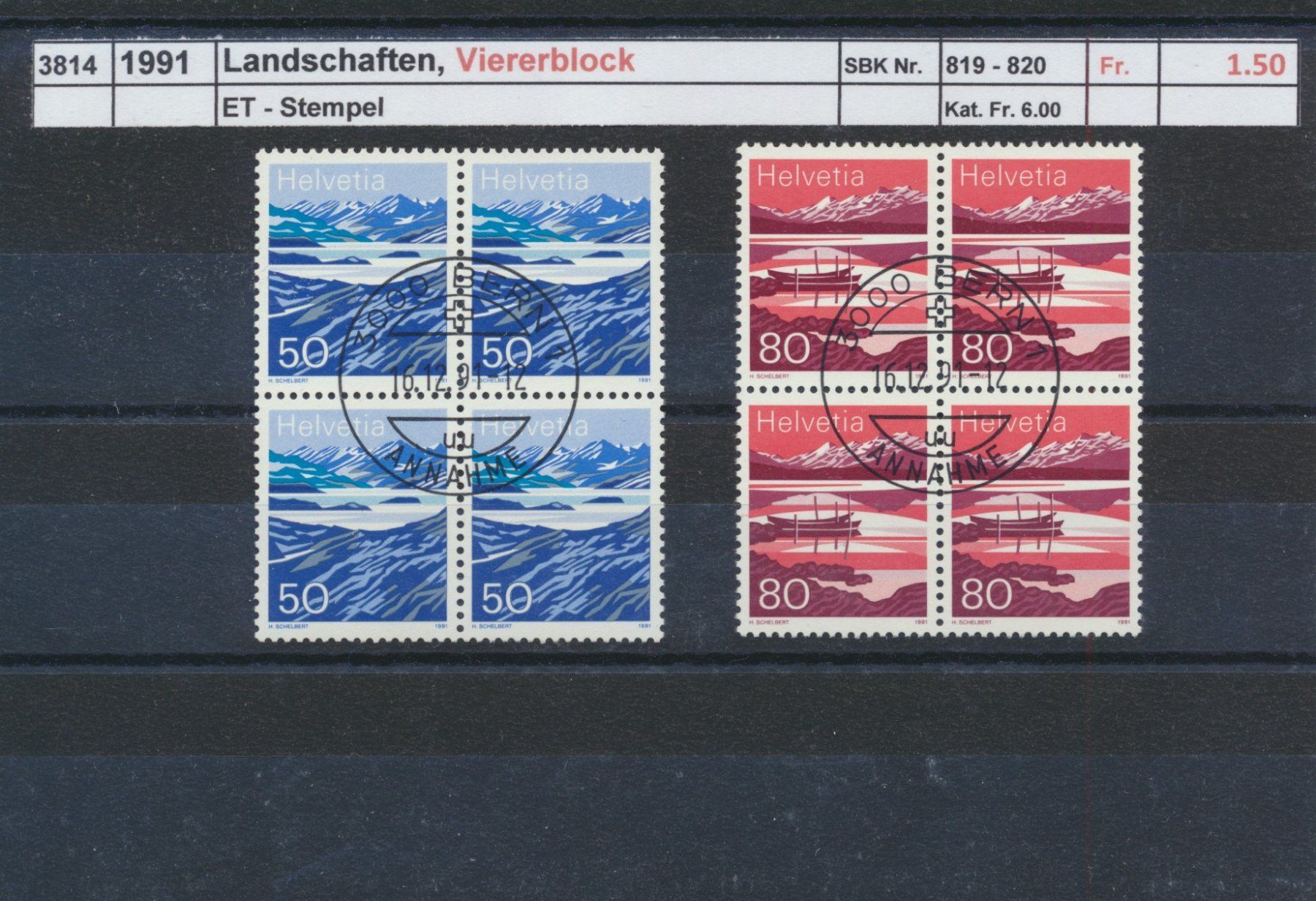 Tutti i francobolli: 1991 "Landschaften", Viererblock, ET - Stempel – Usato da Winterthur venduto da Zupogeru