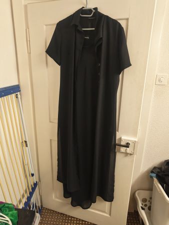 Schwarzes Kleid lang, ärmellos + Überkleid, elegant, Gr L