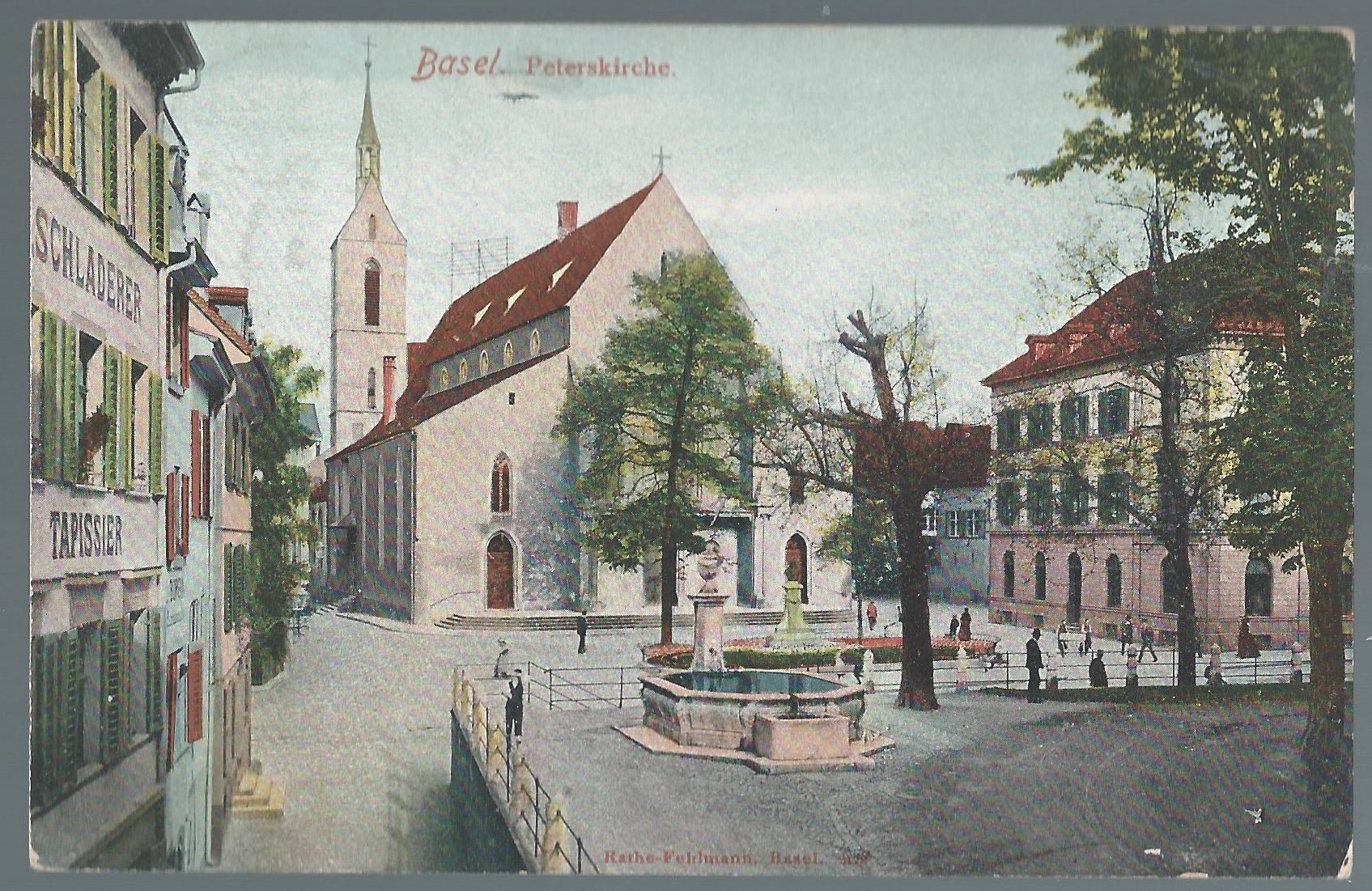 Ansichtskarten: Basel Peterskirche / Schladerer Tapissier 1905 – Gebraucht aus Montenol von Vernier2