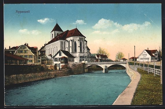 Cartoline postali: AK Appenzell, Kirche mit Brücke, 1916 – Usato da Berlin venduto da bartko-reher