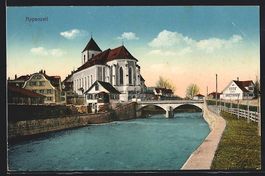AK Appenzell, Kirche mit Brücke, 1916