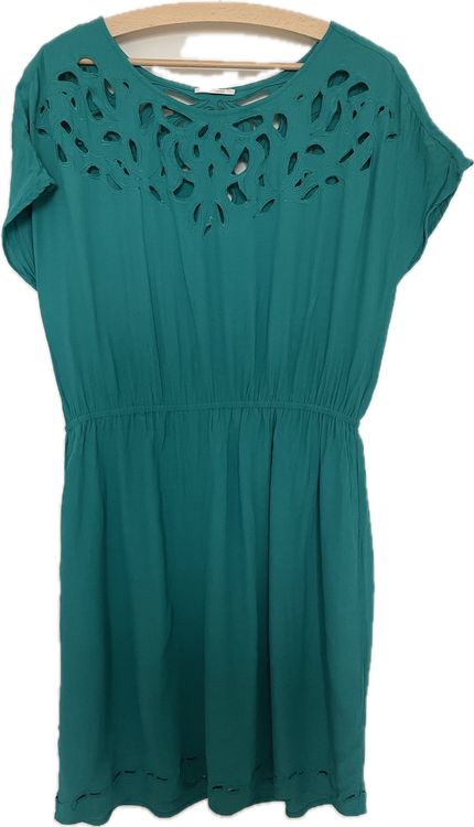 Robe En Lin Vert Taille 40 - Dos élastique, Motif Floral, Sans Manches, Occasion Très Bon état, Made In Italy
