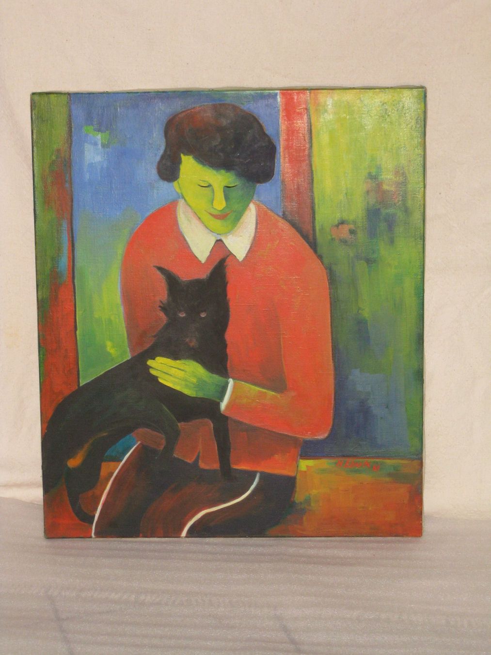 Dipinti: Frau mit Katze. Acrylbild – Usato da Rüti ZH venduto da Brocki_Rueti 1