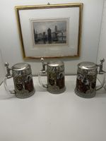 Bierkrug Set 3x Zinndeckel Glas Zinnguss Germany