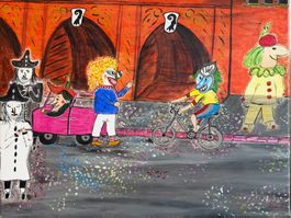 Gemälde Basler Fasnachtszene bunte Figuren Auto Fahrrad 2021