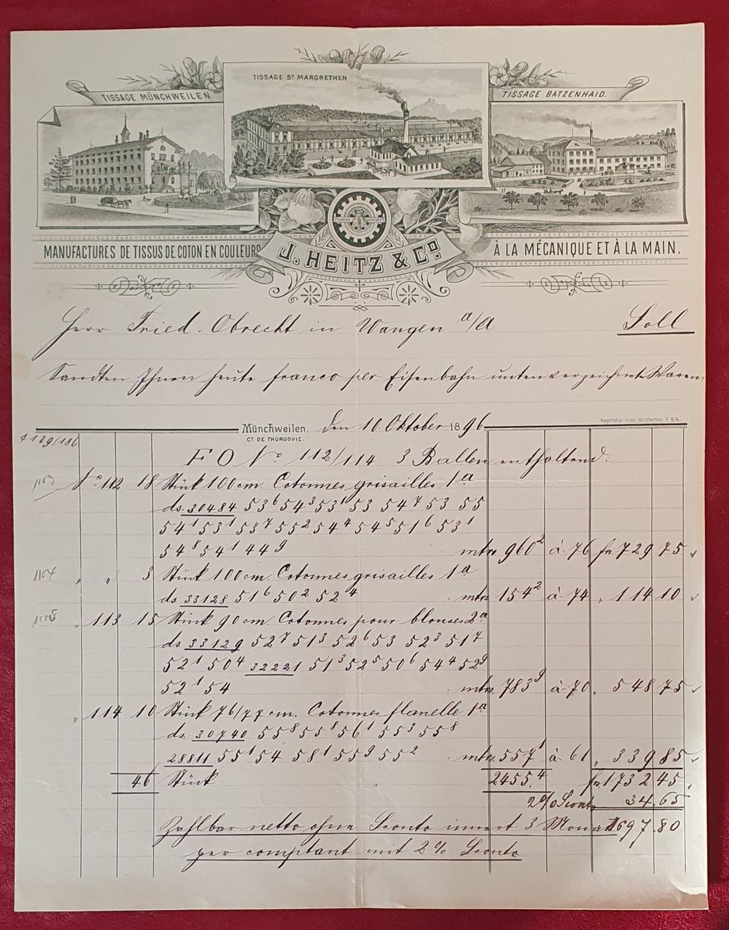 Grafiken & Lithographien: Münchwilen 1896 - Litho Briefkopf, J. Heitz & Co. – Gebraucht aus Kreuzlingen von Rschweiz1