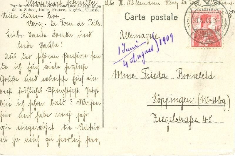 Cartoline postali: Vevey - Pensionat Schindler + 1909 – Usato da Emmenbrücke venduto da teestube 1