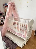 Kinderbett Babybett Holz weiss mit Schublade und Betthimmel 